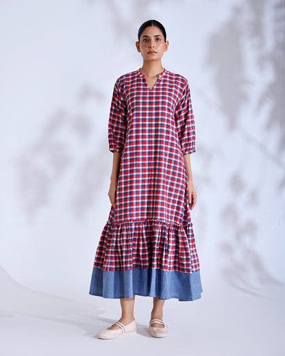 Baku Gingham Handwoven Cotton Flounce Dress