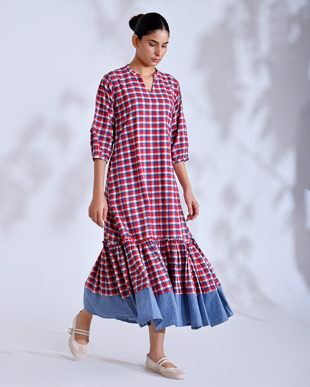 Baku Gingham Handwoven Cotton Flounce Dress