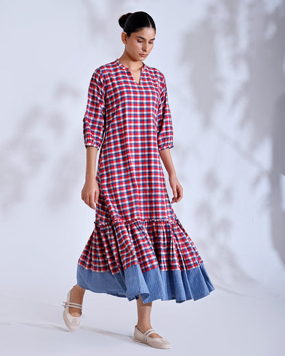 Baku Gingham Handwoven Cotton Flounce Dress