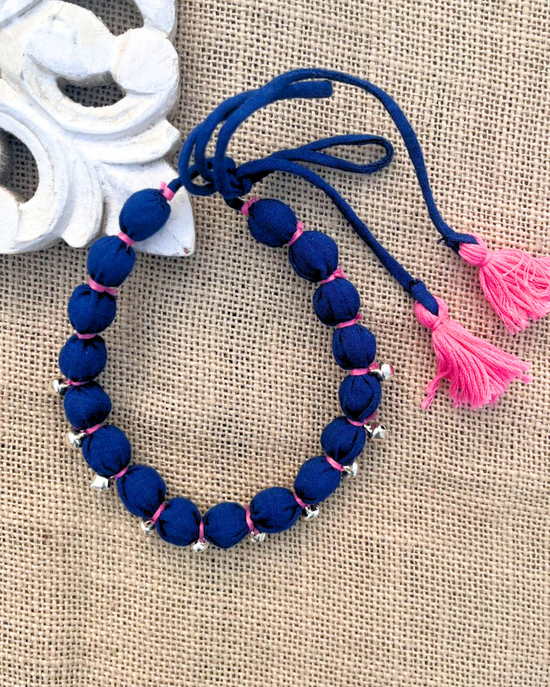 Blue textile beaded necklace