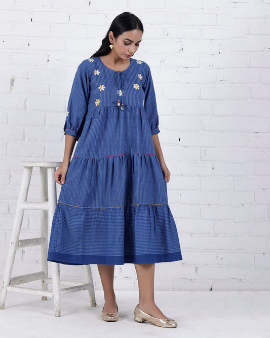 Shop Blue embroidered flared dress with pocket online at bebaakstudio.com