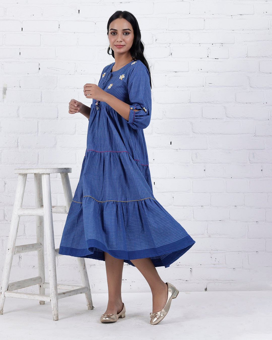 Shop Blue embroidered flared dress with pocket online at bebaakstudio.com