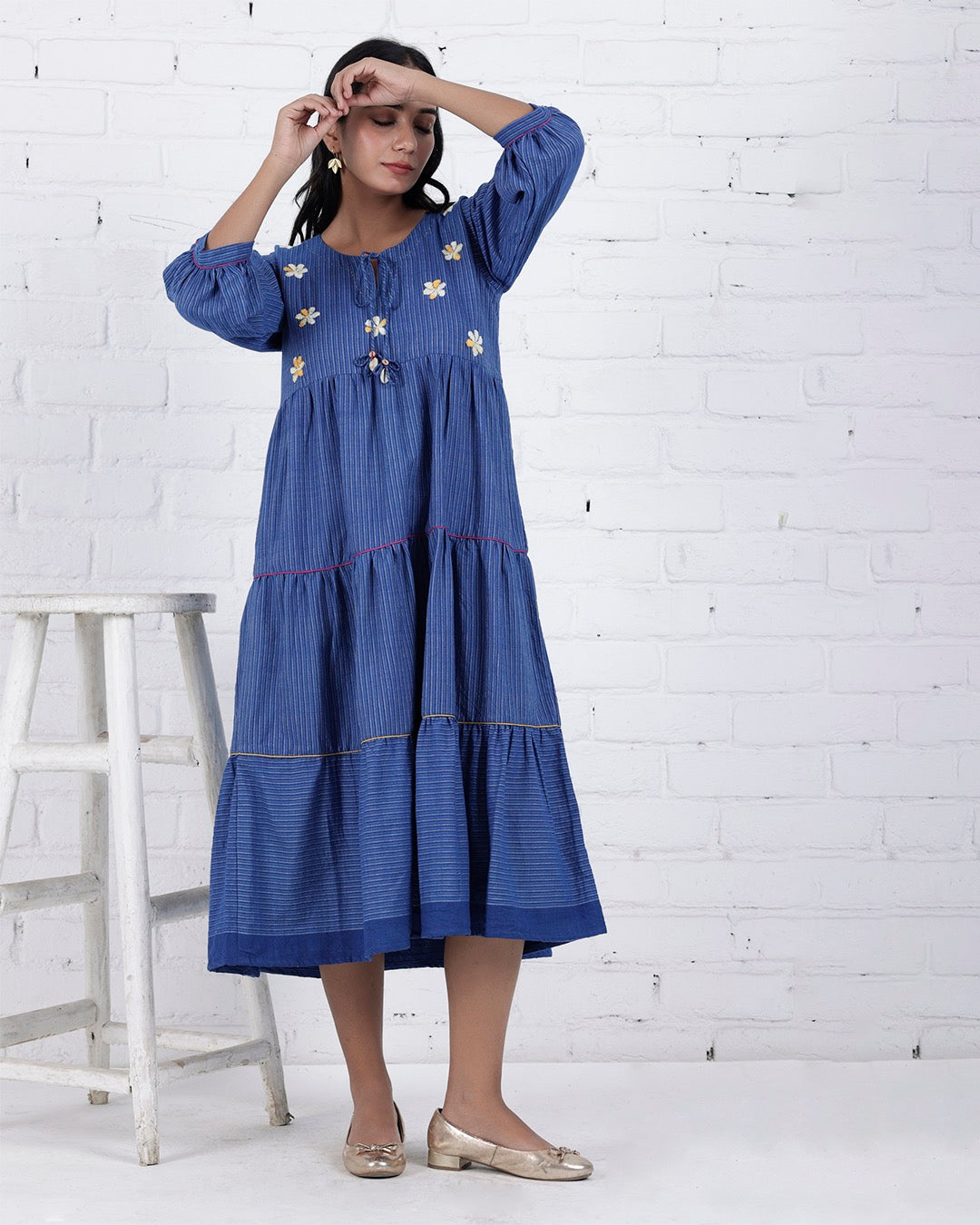 Shop Blue embroidered flared dress with pocket online at bebaakstudio.com