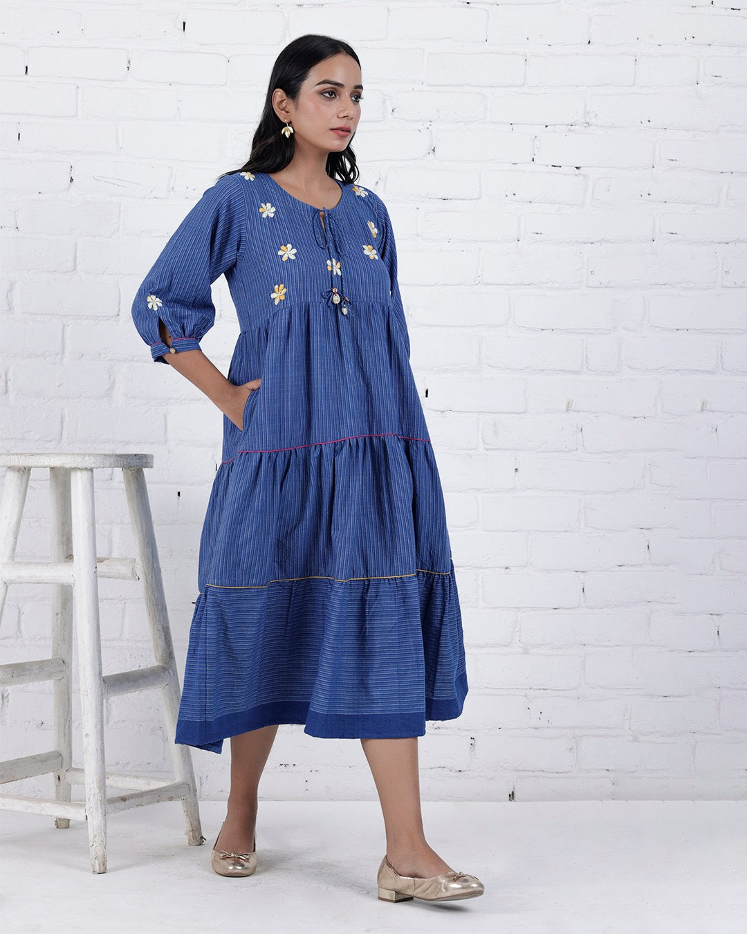 Shop Blue embroidered flared dress with pocket online at bebaakstudio.com