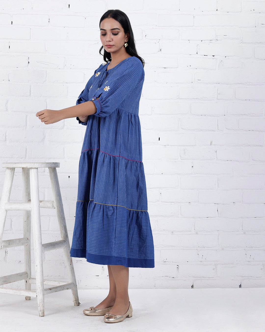 Shop Blue embroidered flared dress with pocket online at bebaakstudio.com