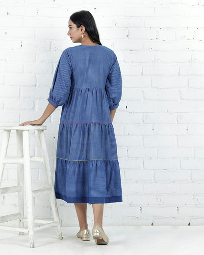 Shop Blue embroidered flared dress with pocket online at bebaakstudio.com