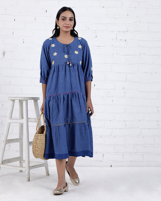 Shop Blue embroidered flared dress with pocket online at bebaakstudio.com