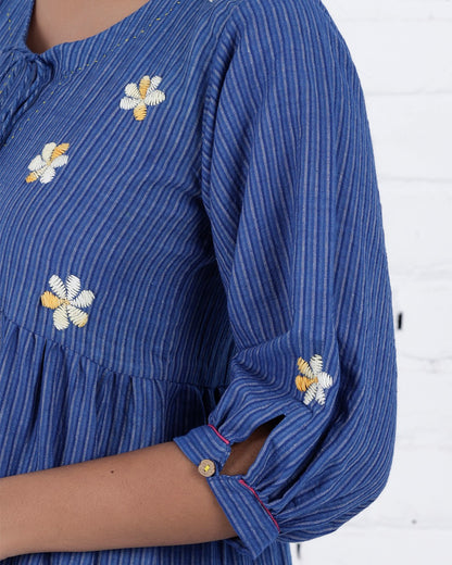 Shop Blue embroidered flared dress with pocket online at bebaakstudio.com