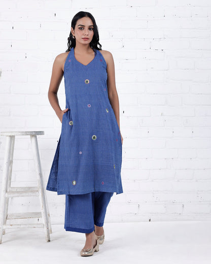 Shop Blue Halter neck cotton Kurta Set online at bebaakstudio.com