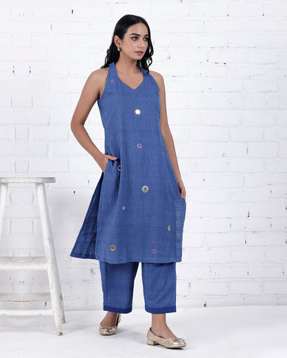 Shop Blue Halter neck cotton Kurta Set online at bebaakstudio.com