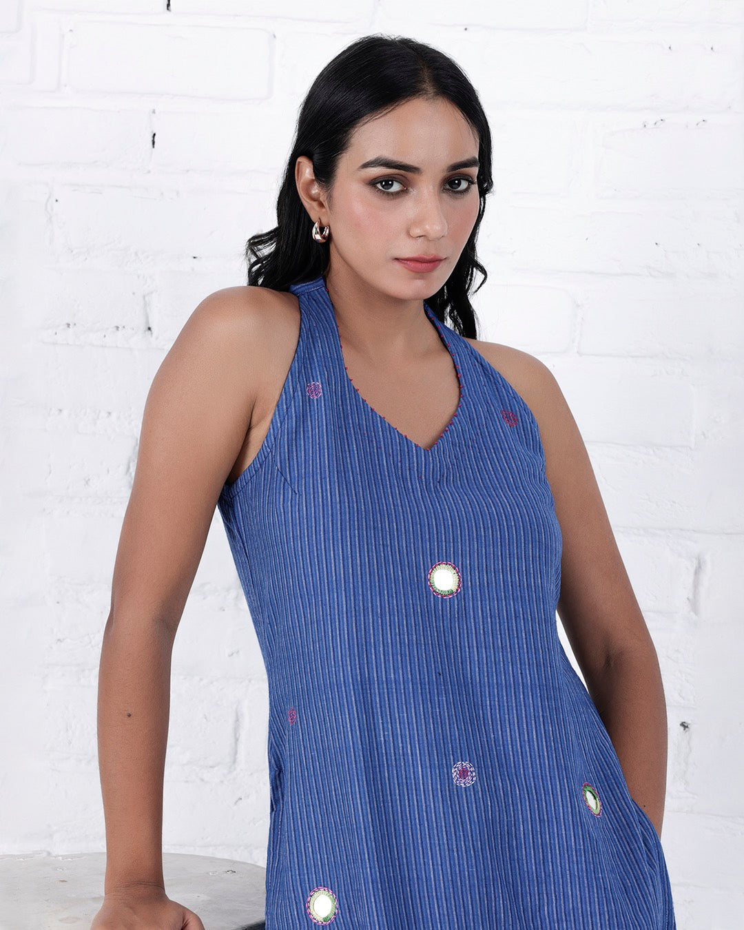 Shop Blue Halter neck cotton Kurta Set online at bebaakstudio.com