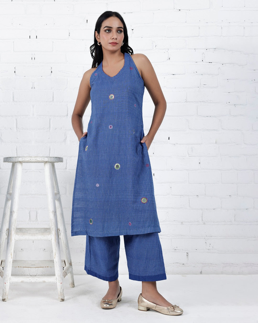 Shop Blue Halter neck cotton Kurta Set online at bebaakstudio.com