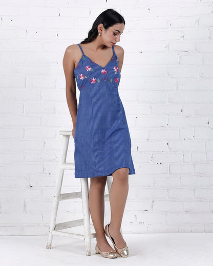 Shop Blue embroidered cotton A Line dress online at bebaakstudio.com