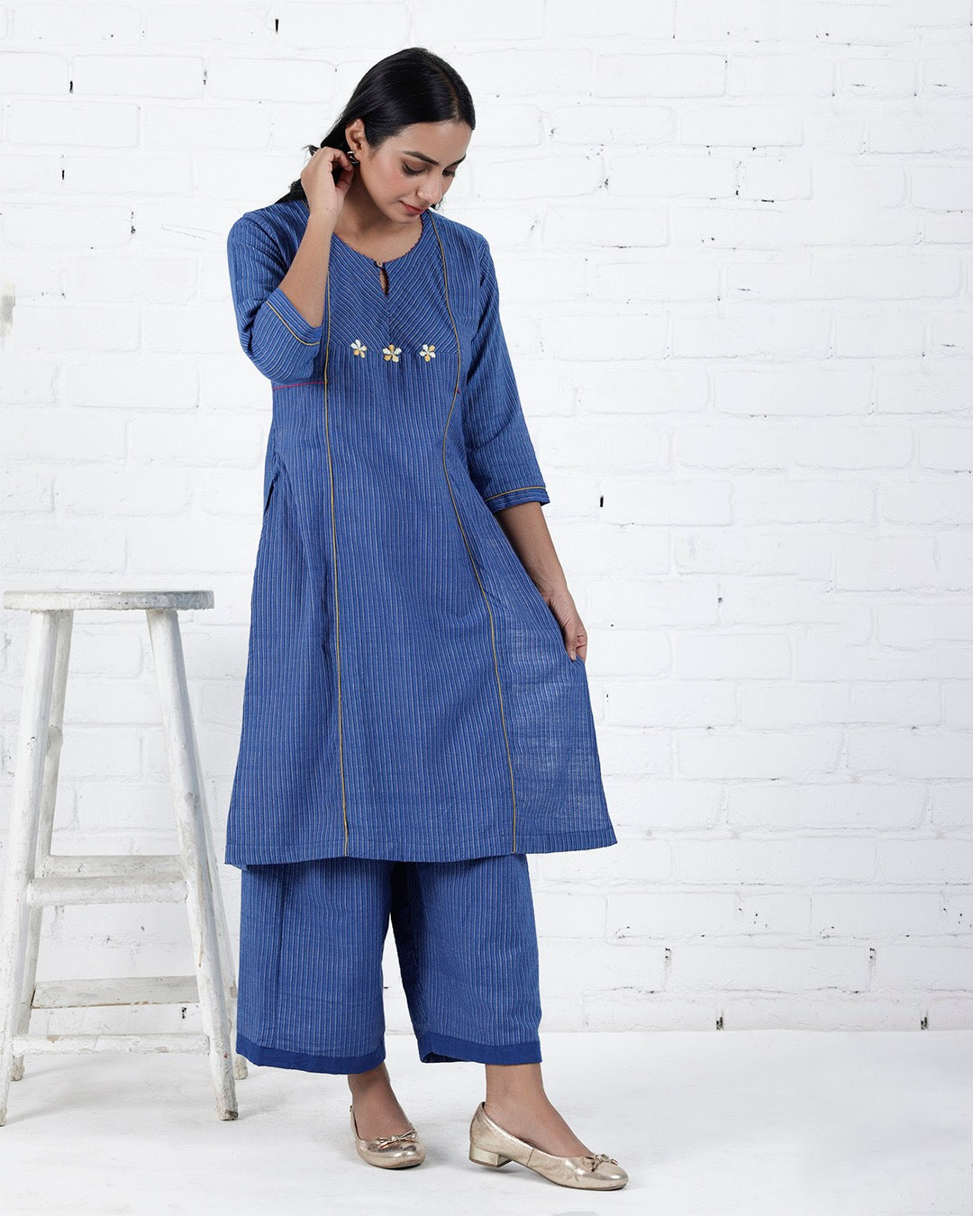 Shop Blue cotton embroidered Kurta Set online at bebaakstudio.com