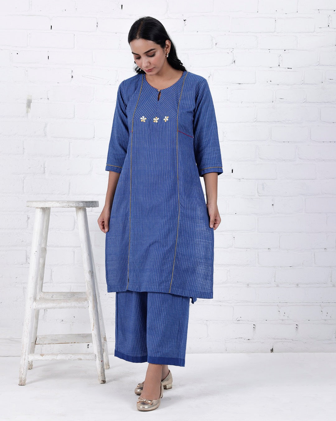 Shop Blue cotton embroidered Kurta Set online at bebaakstudio.com