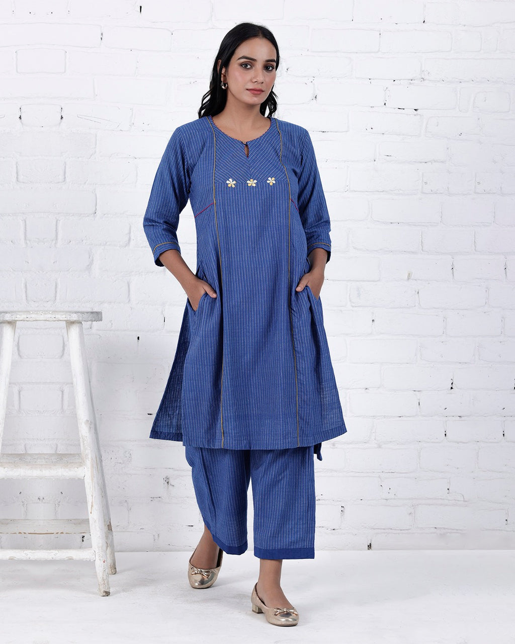 Shop Blue cotton embroidered Kurta Set online at bebaakstudio.com