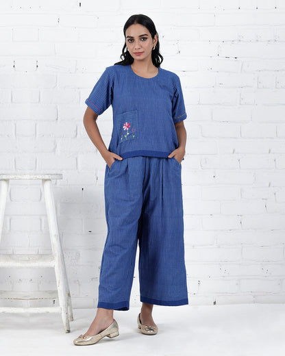 Shop Blue cotton embroidered casual Co-ord online at bebaakstudio.com