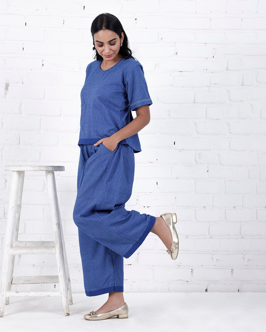 Shop Blue cotton embroidered casual Co-ord online at bebaakstudio.com