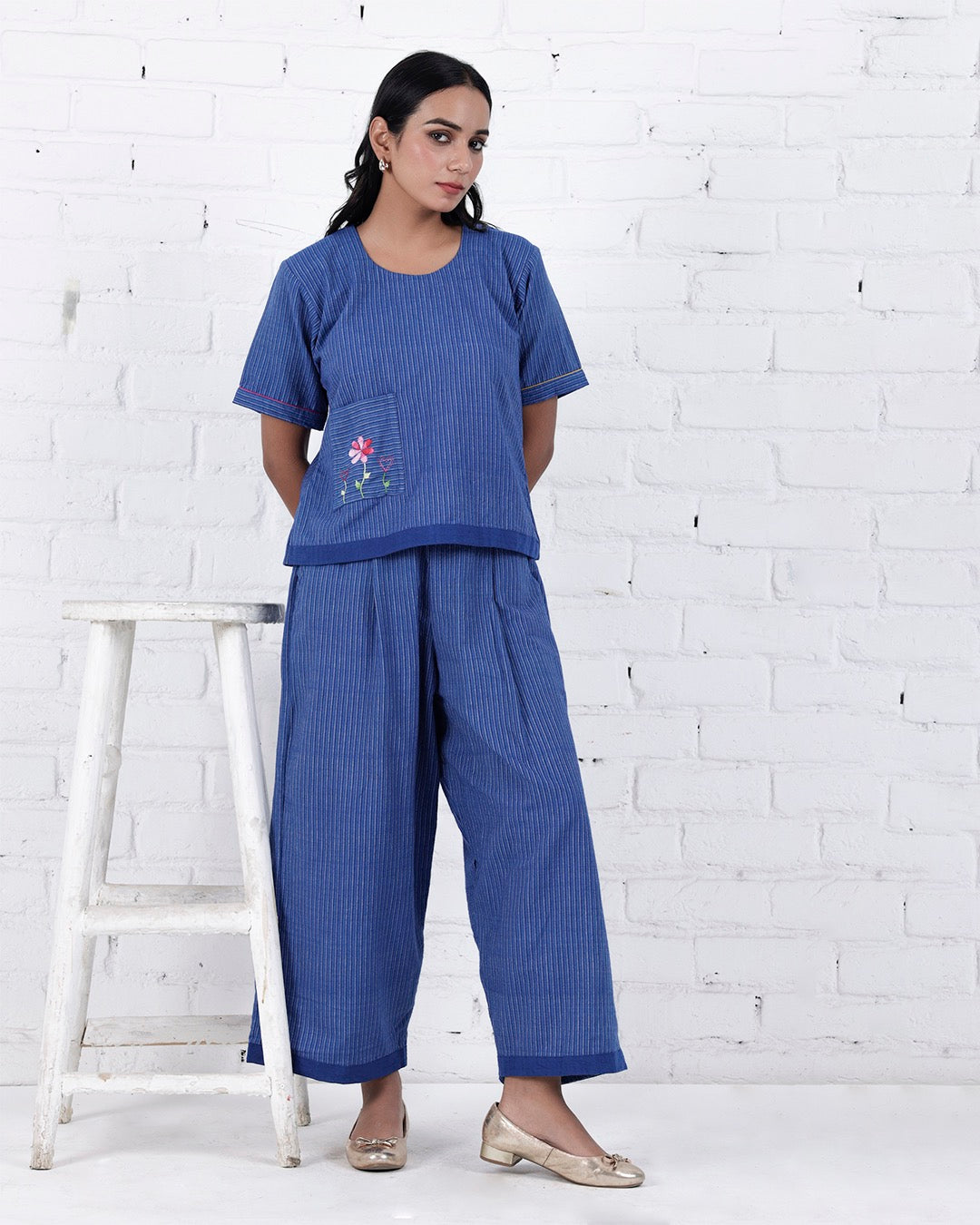 Shop Blue cotton embroidered casual Co-ord online at bebaakstudio.com