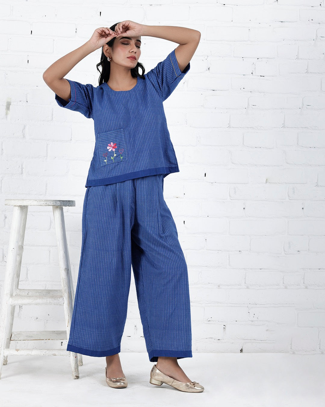 Shop Blue cotton embroidered casual Co-ord online at bebaakstudio.com