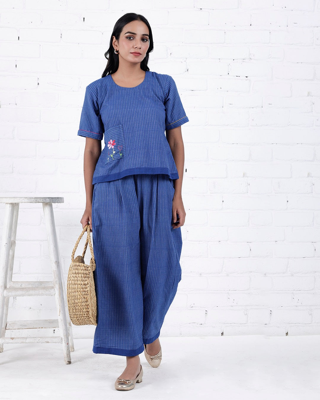 Shop Blue cotton embroidered casual Co-ord online at bebaakstudio.com