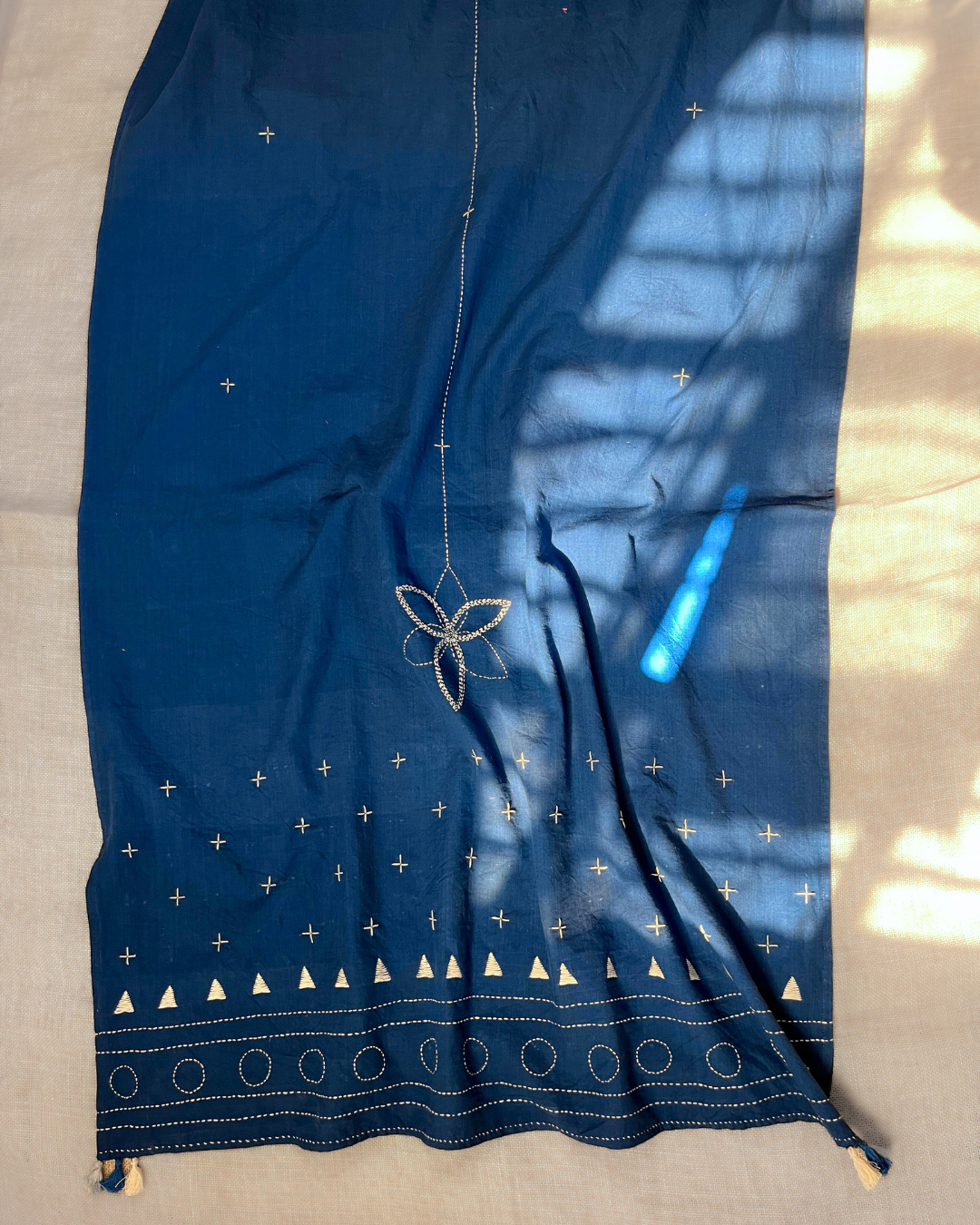 Shop Indigo cotton Kantha Embroidered Dupatta online at bebaakstudio.com

