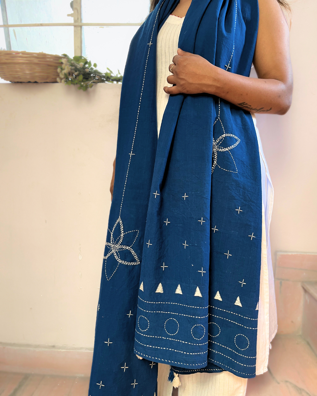 Shop Indigo cotton Kantha Embroidered Dupatta online at bebaakstudio.com
