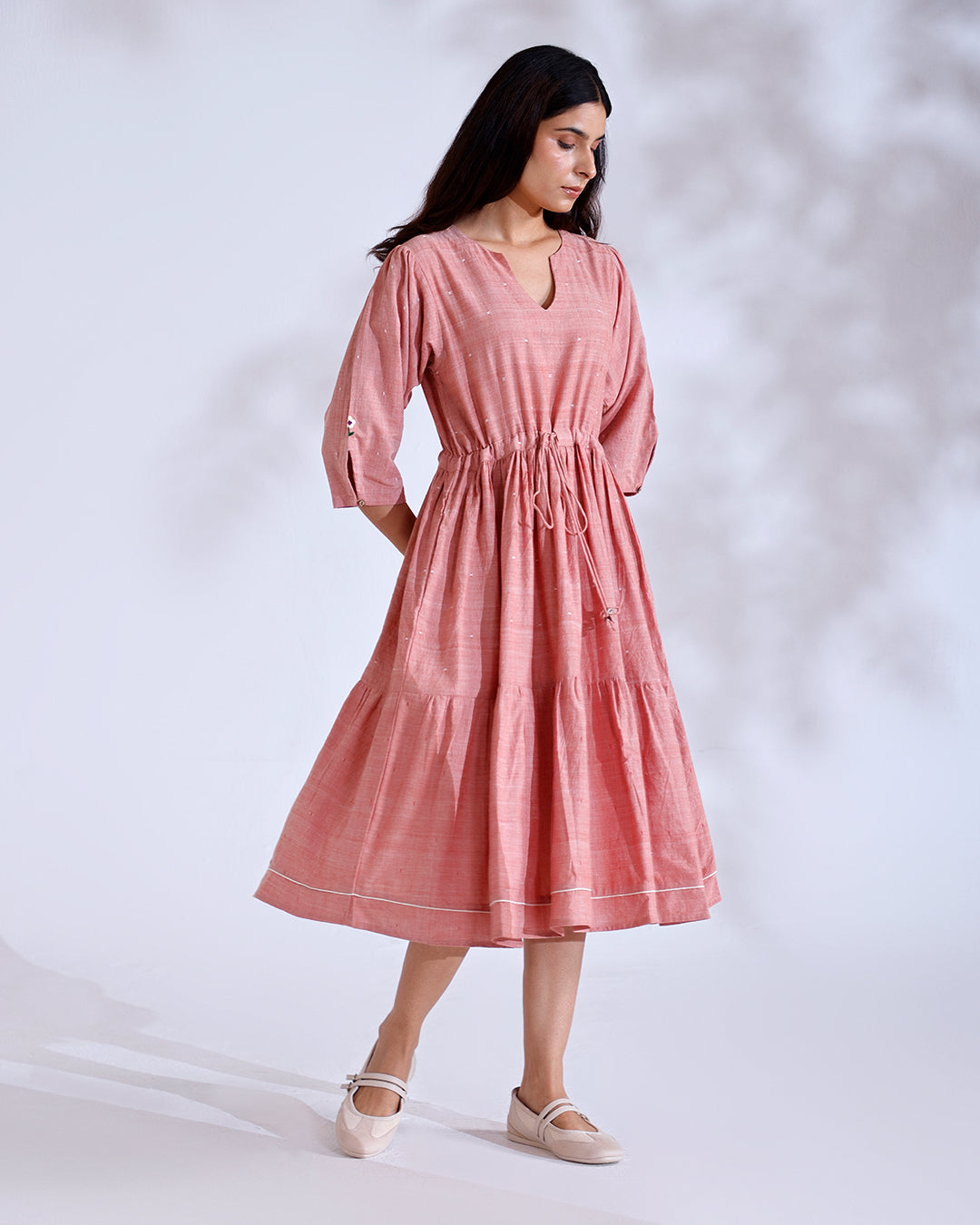 Blush Coral Handwoven Cotton Midi Dress
