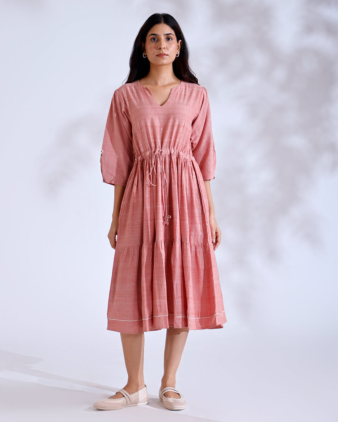 Blush Coral Handwoven Cotton Midi Dress