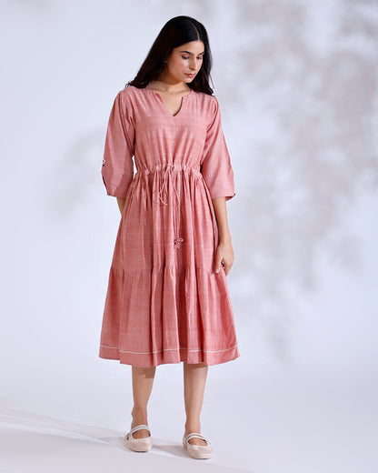 Blush Coral Handwoven Cotton Midi Dress