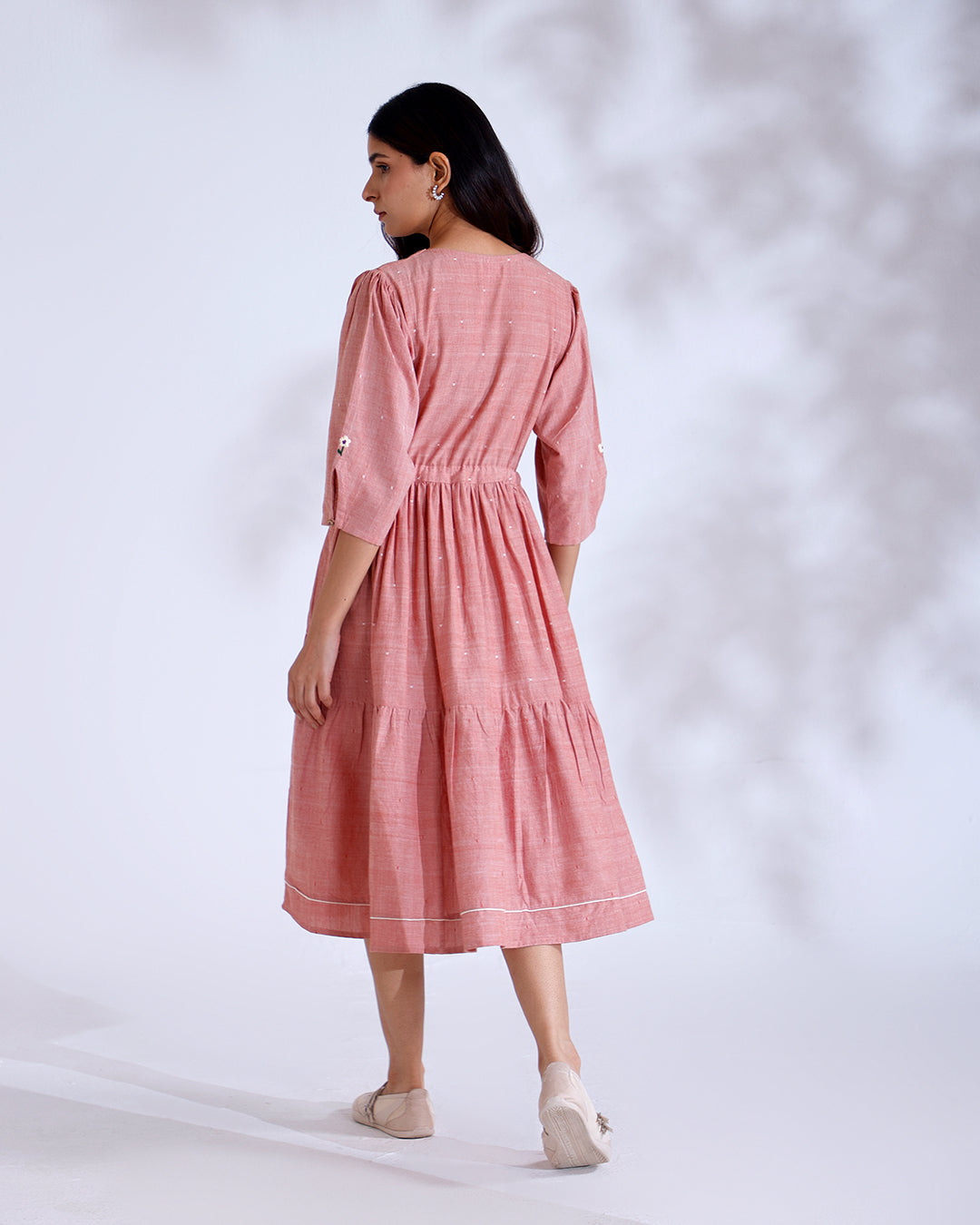 Blush Coral Handwoven Cotton Midi Dress