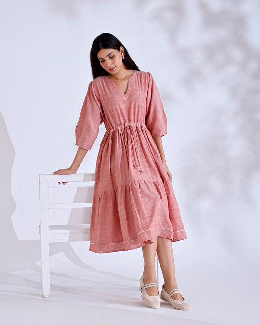 Blush Coral Handwoven Cotton Midi Dress