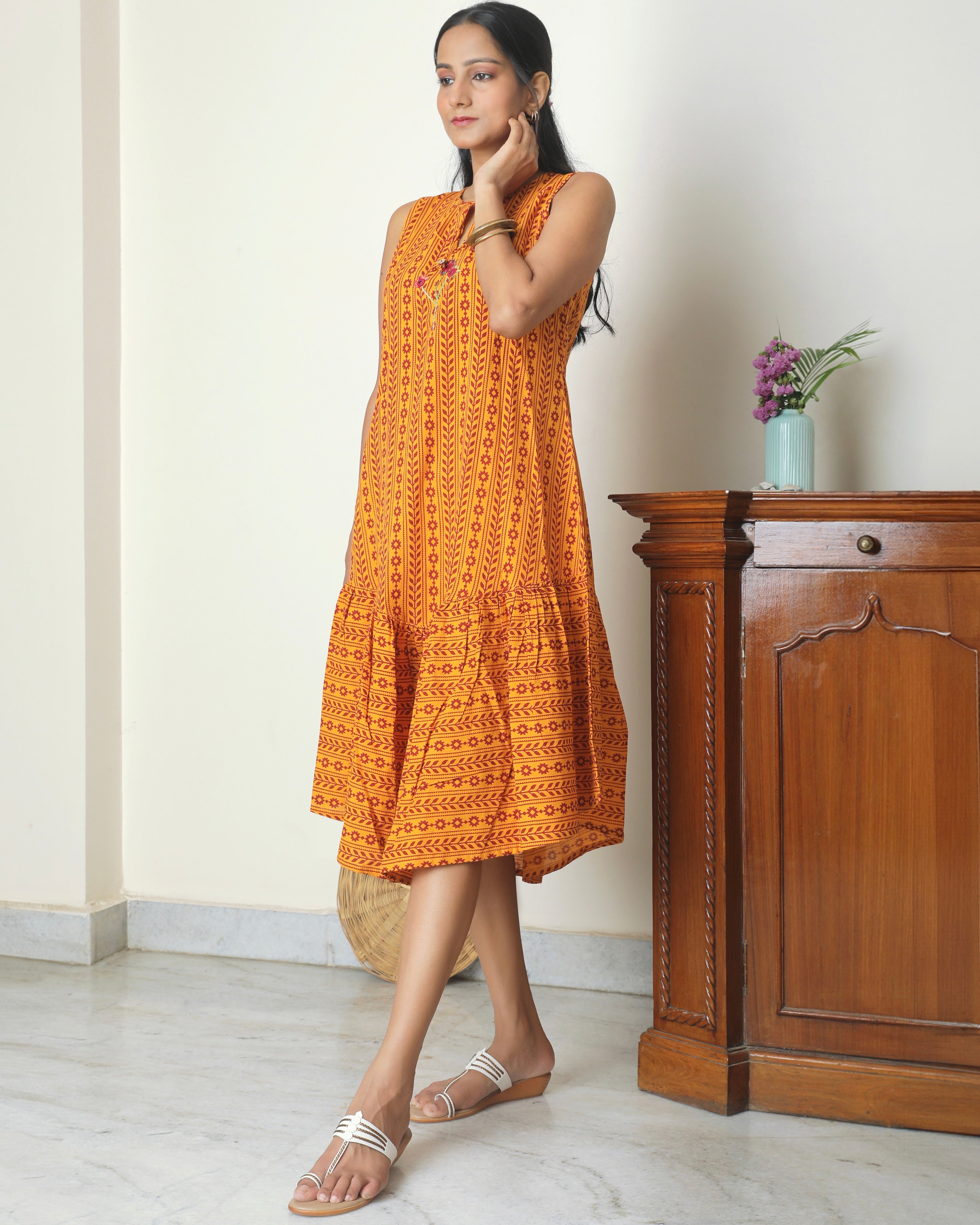 Yellow Bagh print A line dress from Bebaak