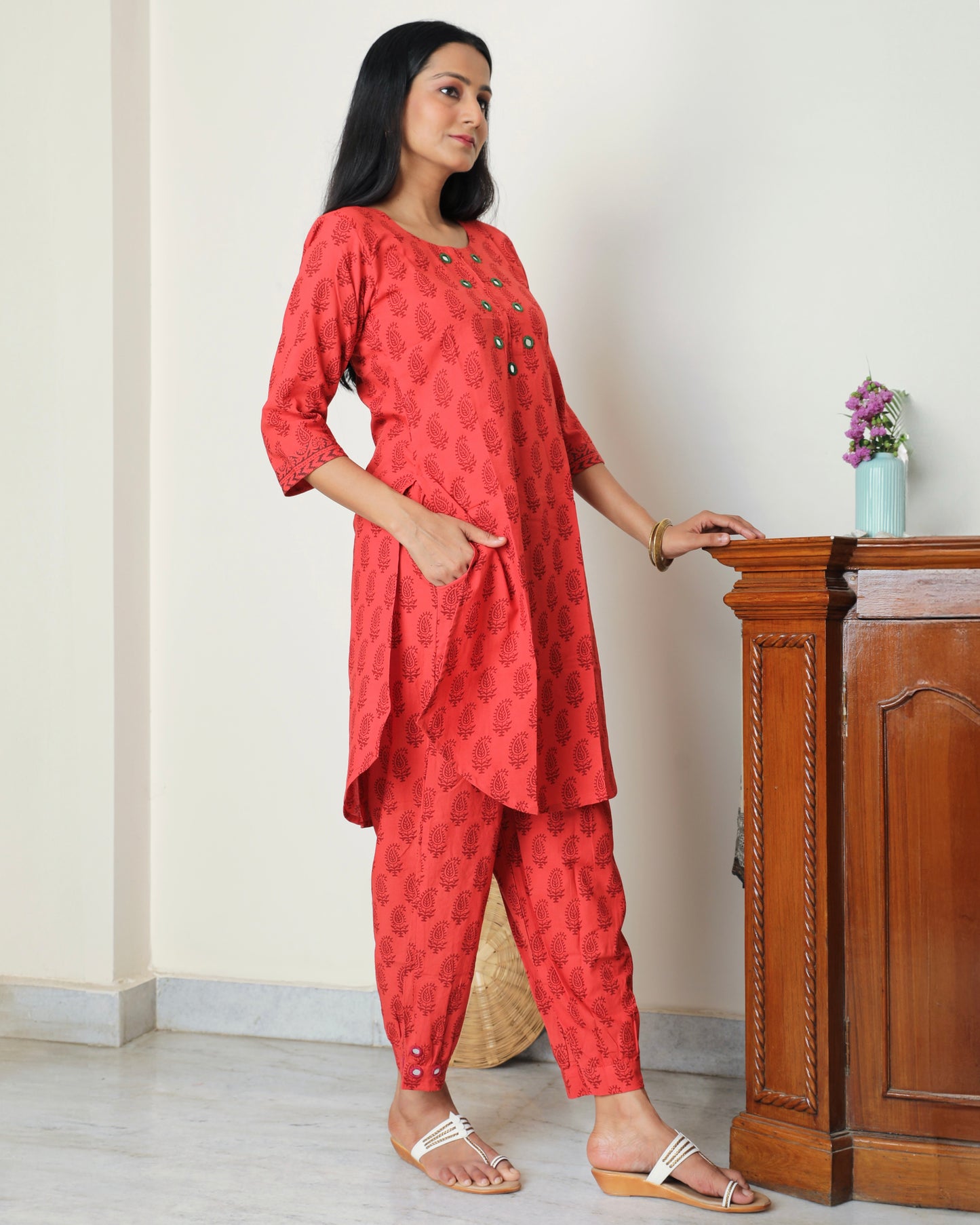 Red Bagh hand block print cotton kurta set