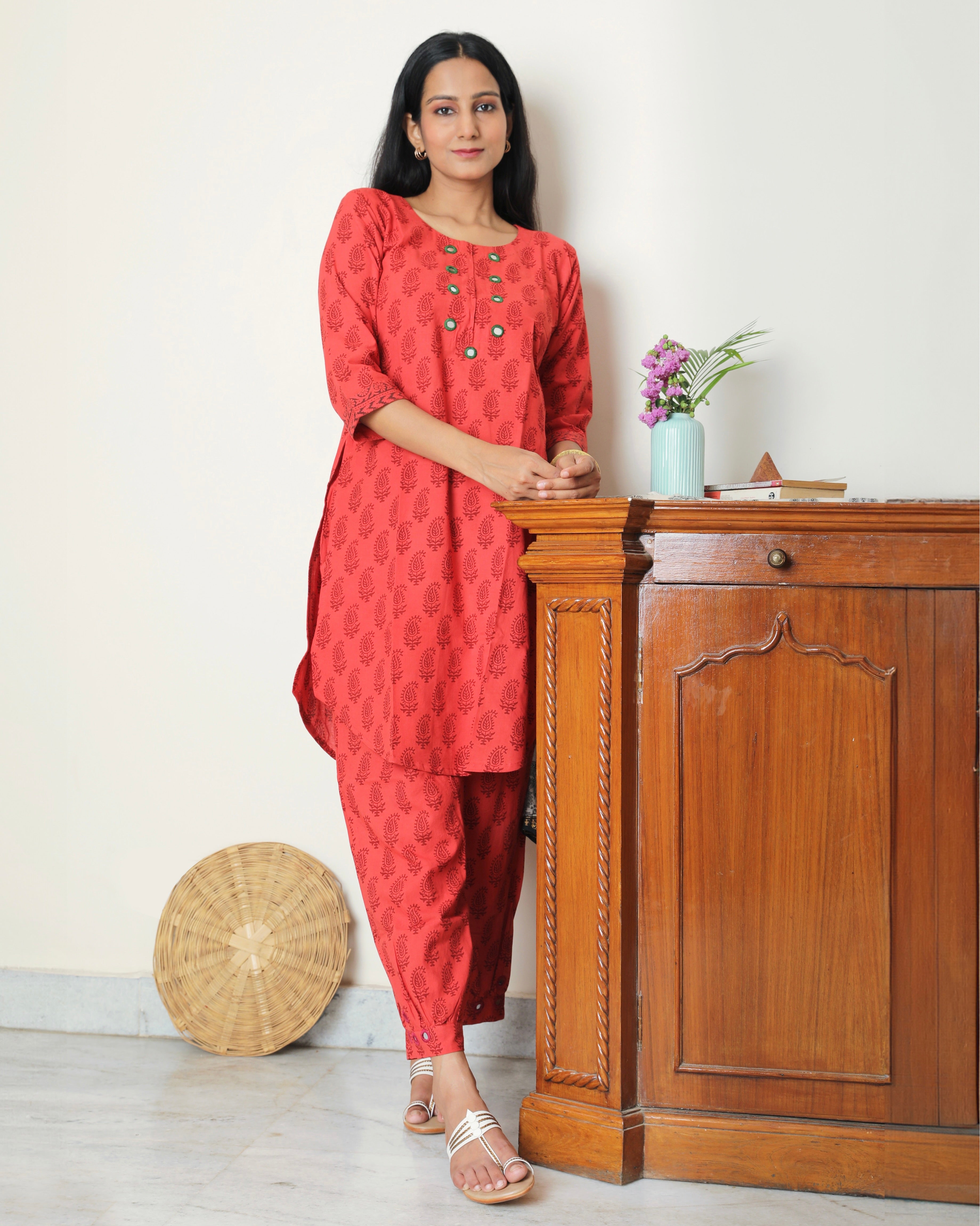 Red Bagh hand block print cotton kurta set