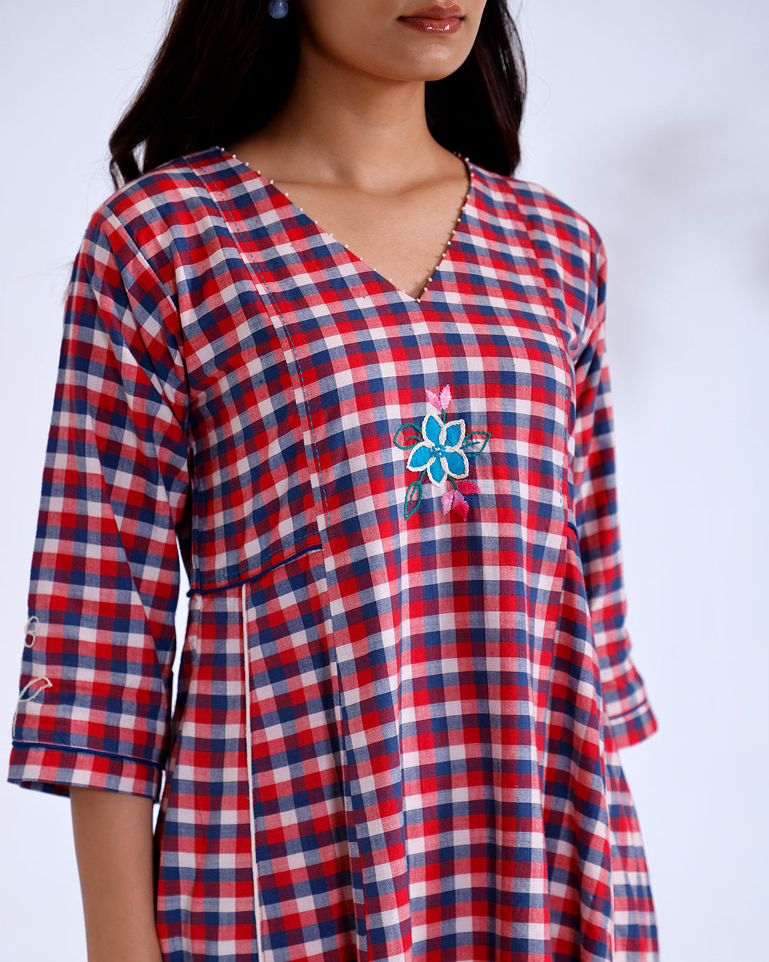 Daisy Red Gingham Handwoven Cotton Tunic Set