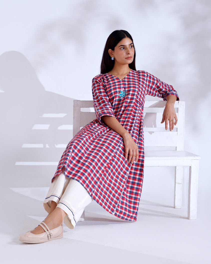 Daisy Red Gingham Handwoven Cotton Tunic Set