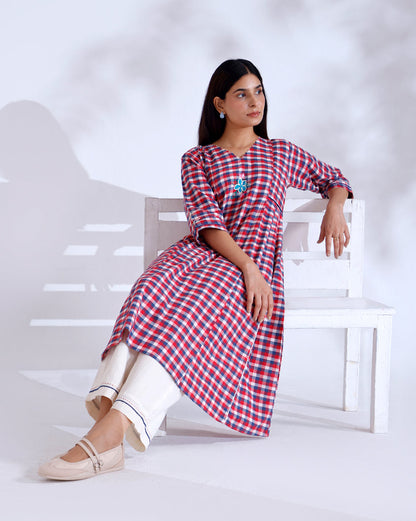 Daisy Red Gingham Handwoven Cotton Tunic Set