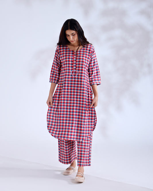 Dil Red Gingham Handwoven Cotton Kurta Set