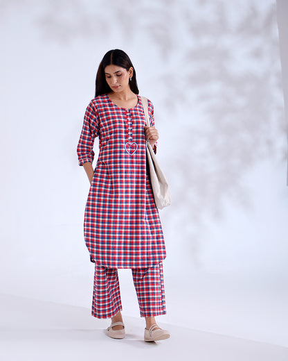 Dil Red Gingham Handwoven Cotton Kurta Set