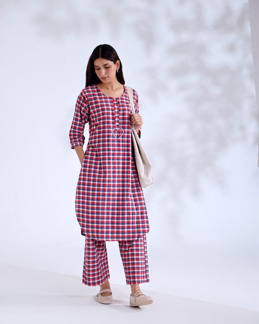 Dil Red Gingham Handwoven Cotton Kurta Set