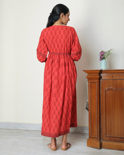 Red bagh print cotton maxi dress online at bebaakstudio.com
