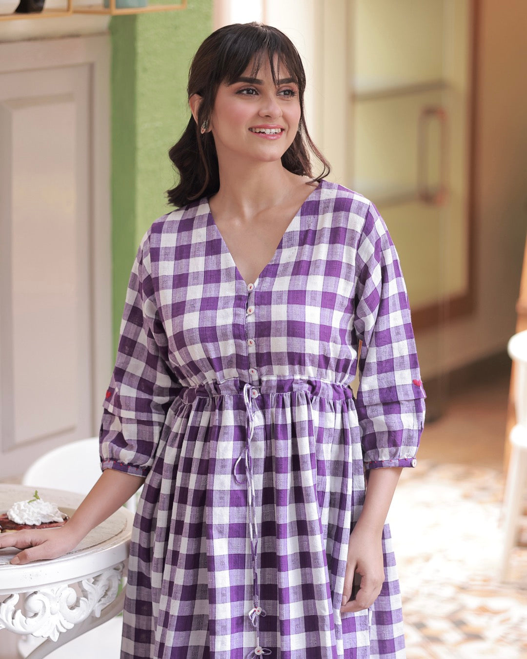 Shop Dress: Violet check cotton midi dress online at bebaakstudio.com