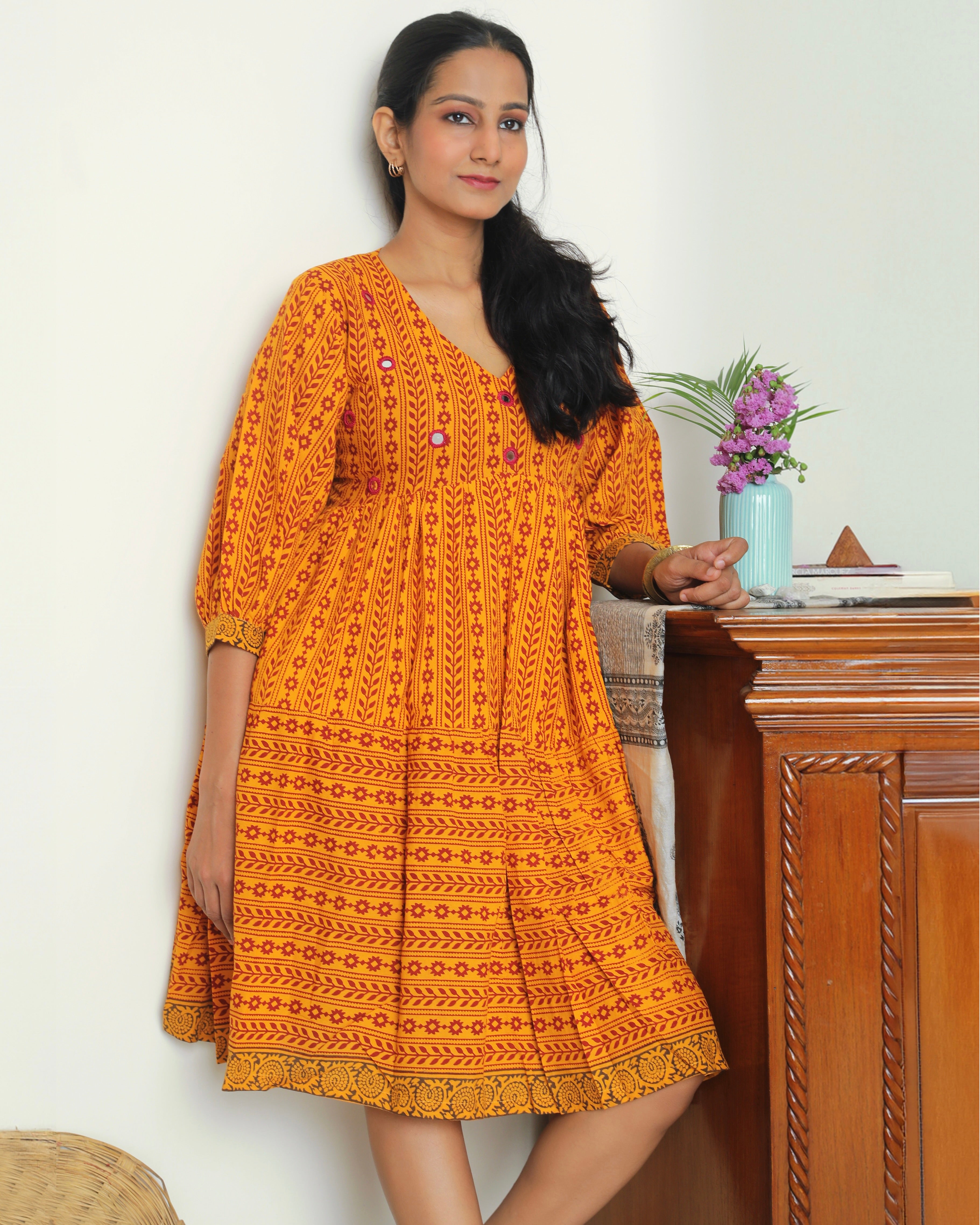 Yellow Bagh print tier short dress from Bebaak