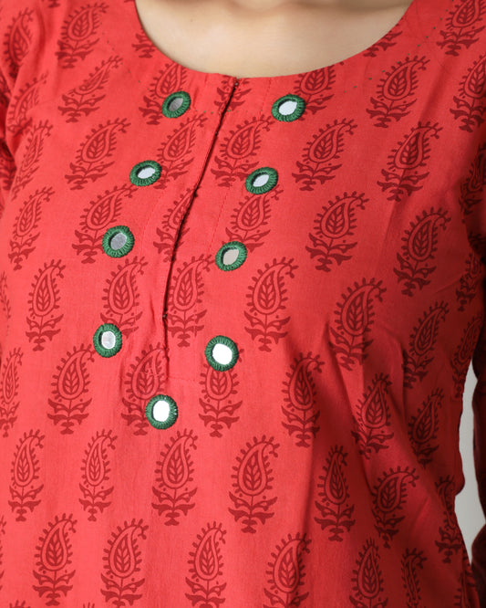 Red Bagh hand block print cotton kurta set