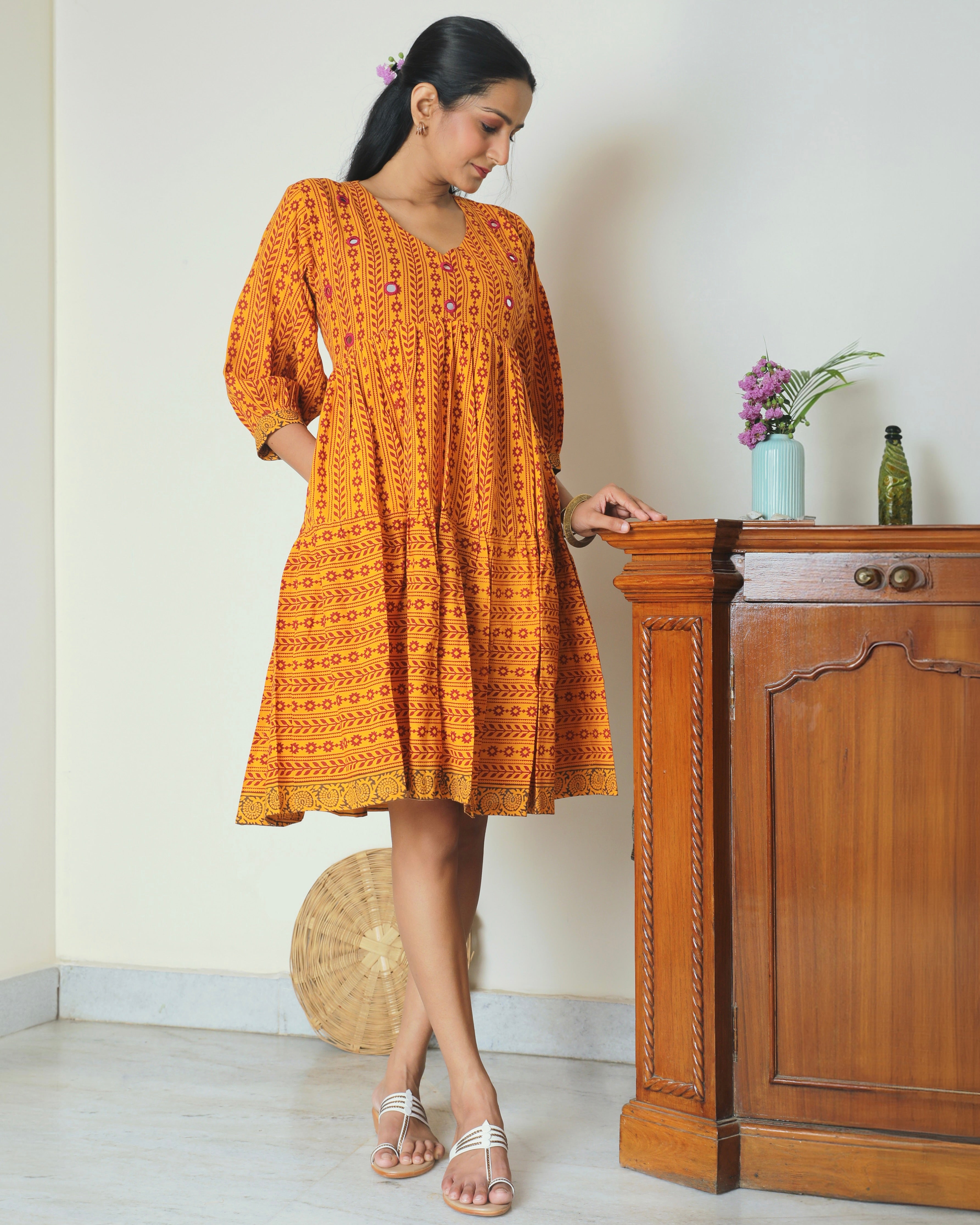 Yellow Bagh print tier short dress from Bebaak