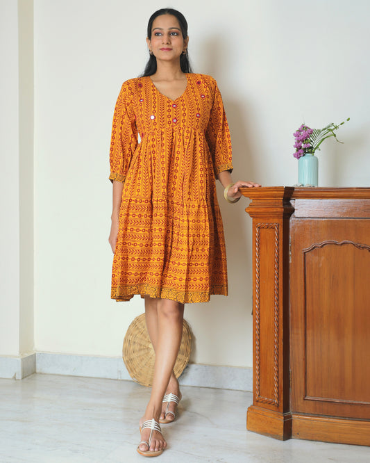 Yellow Bagh print tier short dress from Bebaak