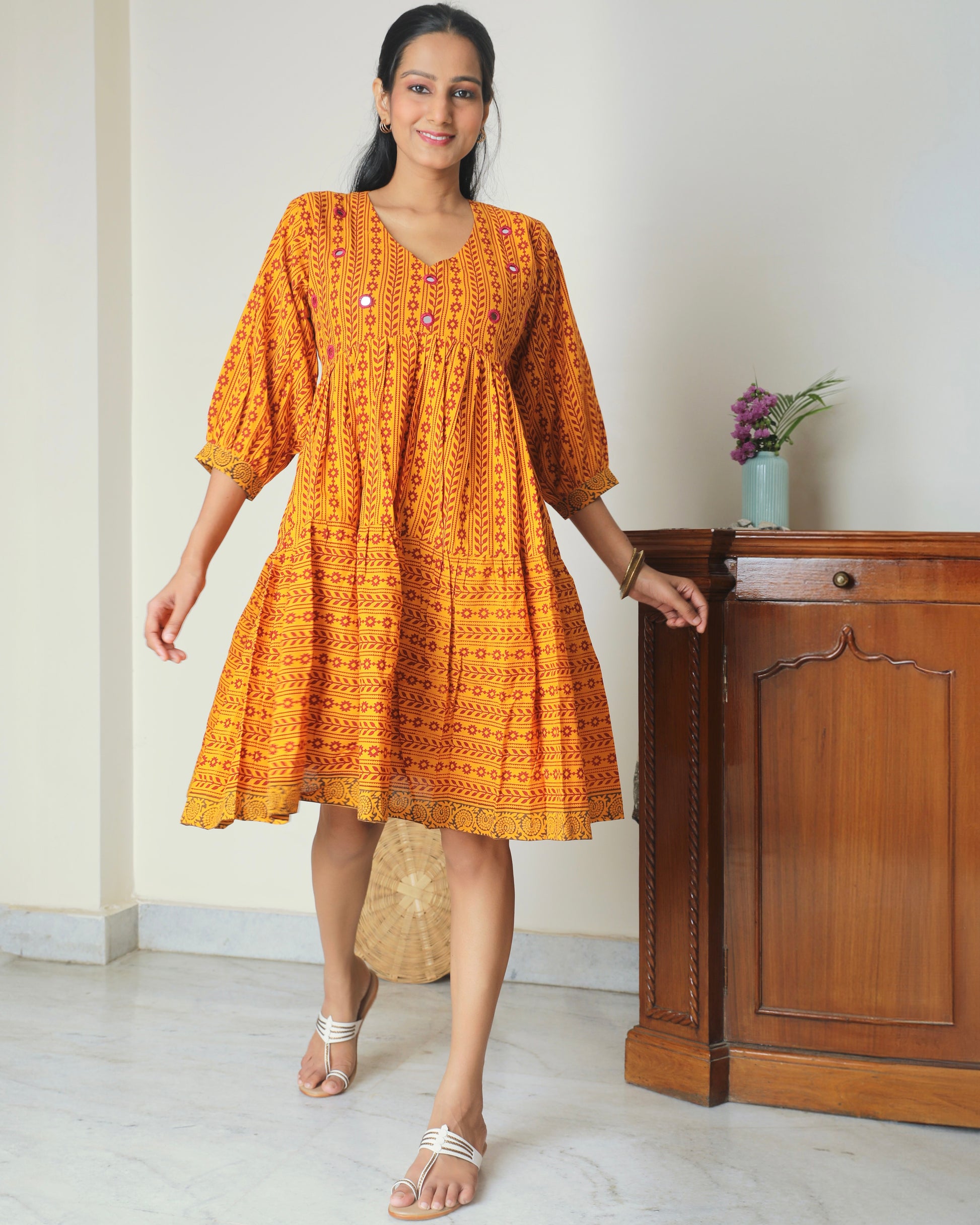 Yellow Bagh print tier short dress from Bebaak