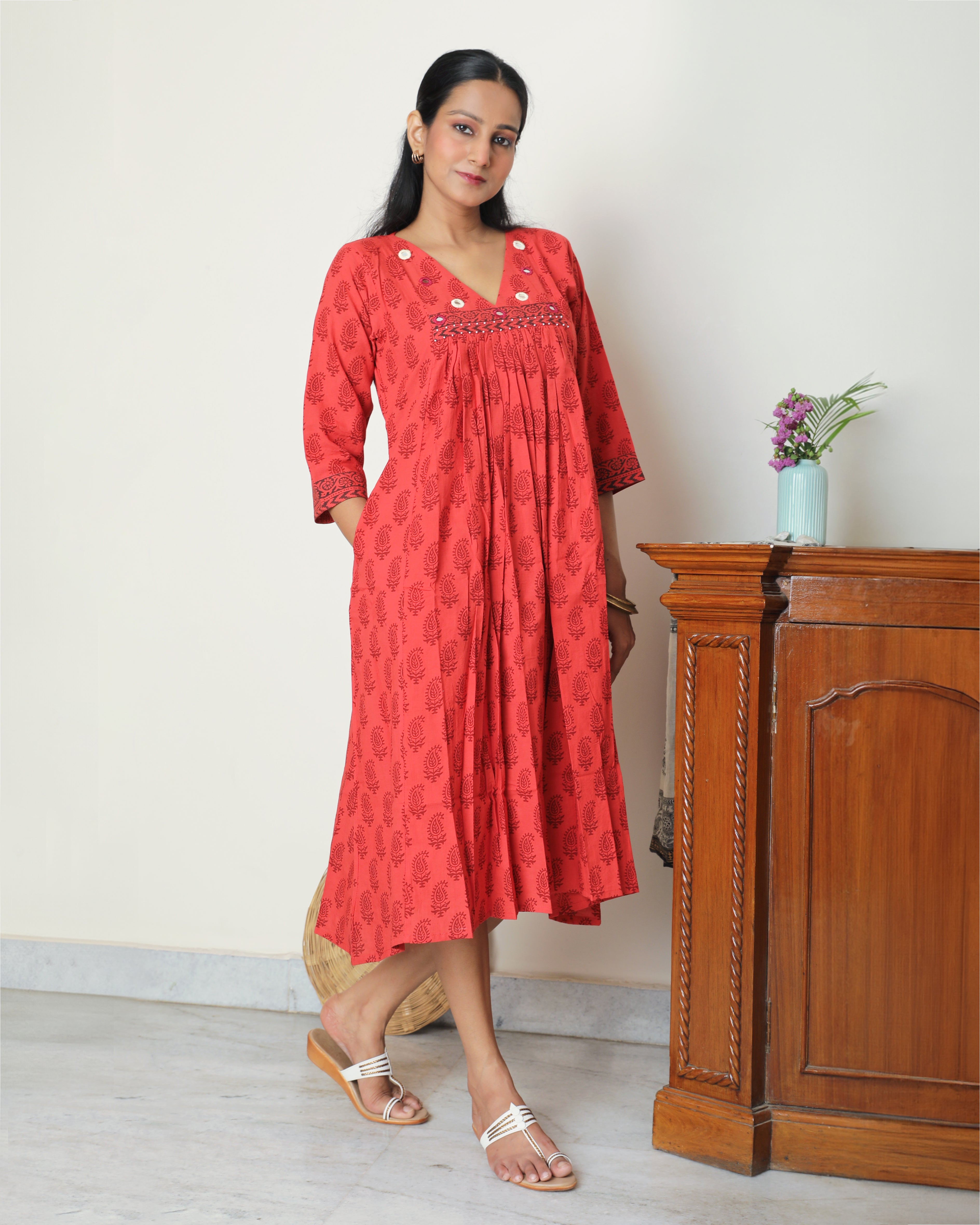 Red gathered bagh block print dress online at bebaakstudio.com