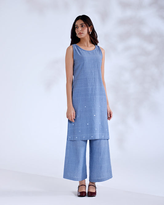 Gazal Dusky Blue Sleeveless Handwoven Cotton Kurta Set